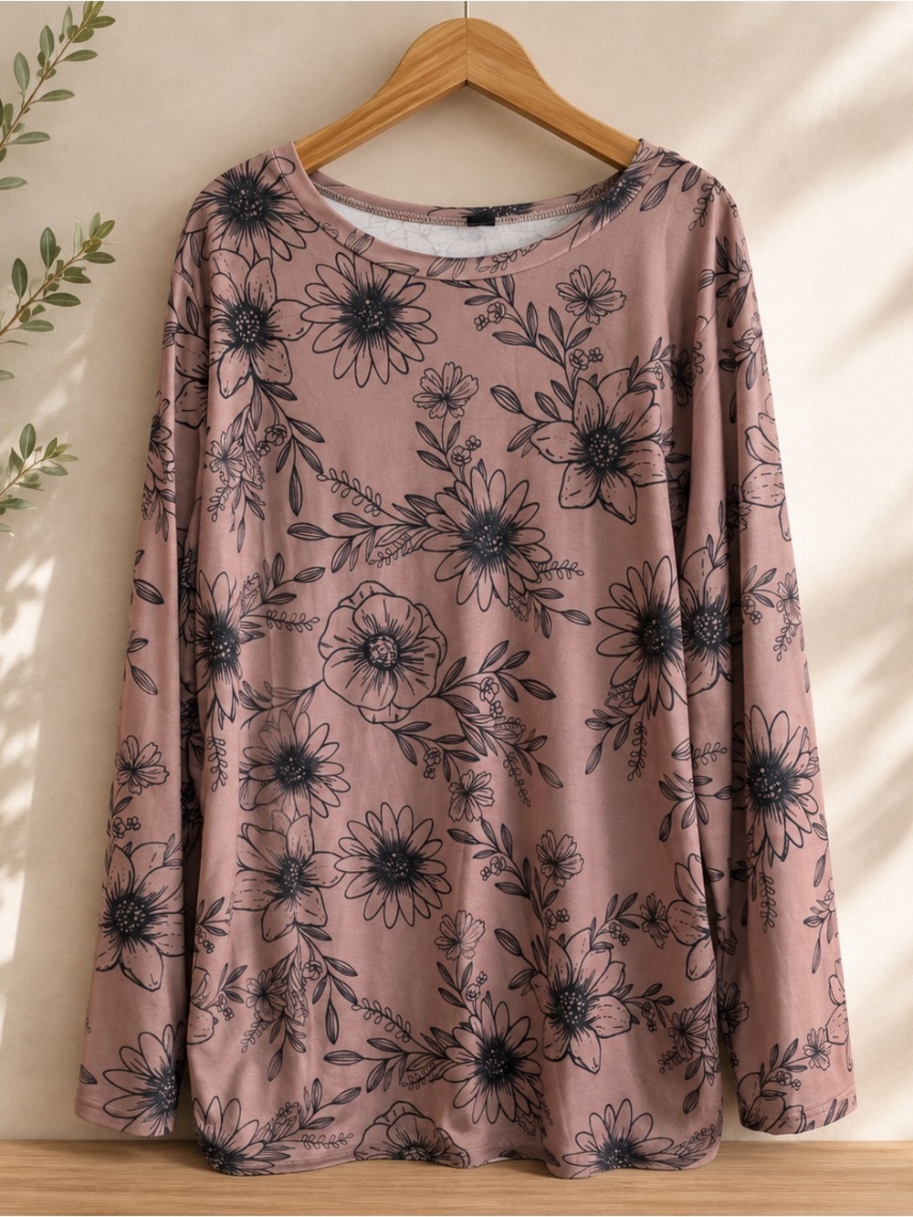 Long Sleeve 2X Brown Top With Black Flower Print